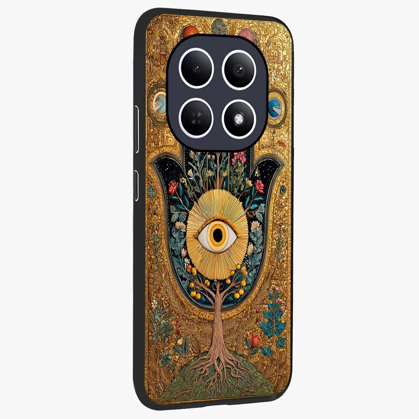 Ethereal Evil Eye Glass Case upright view showcasing celestial evil eye artwork with mystical theme.
