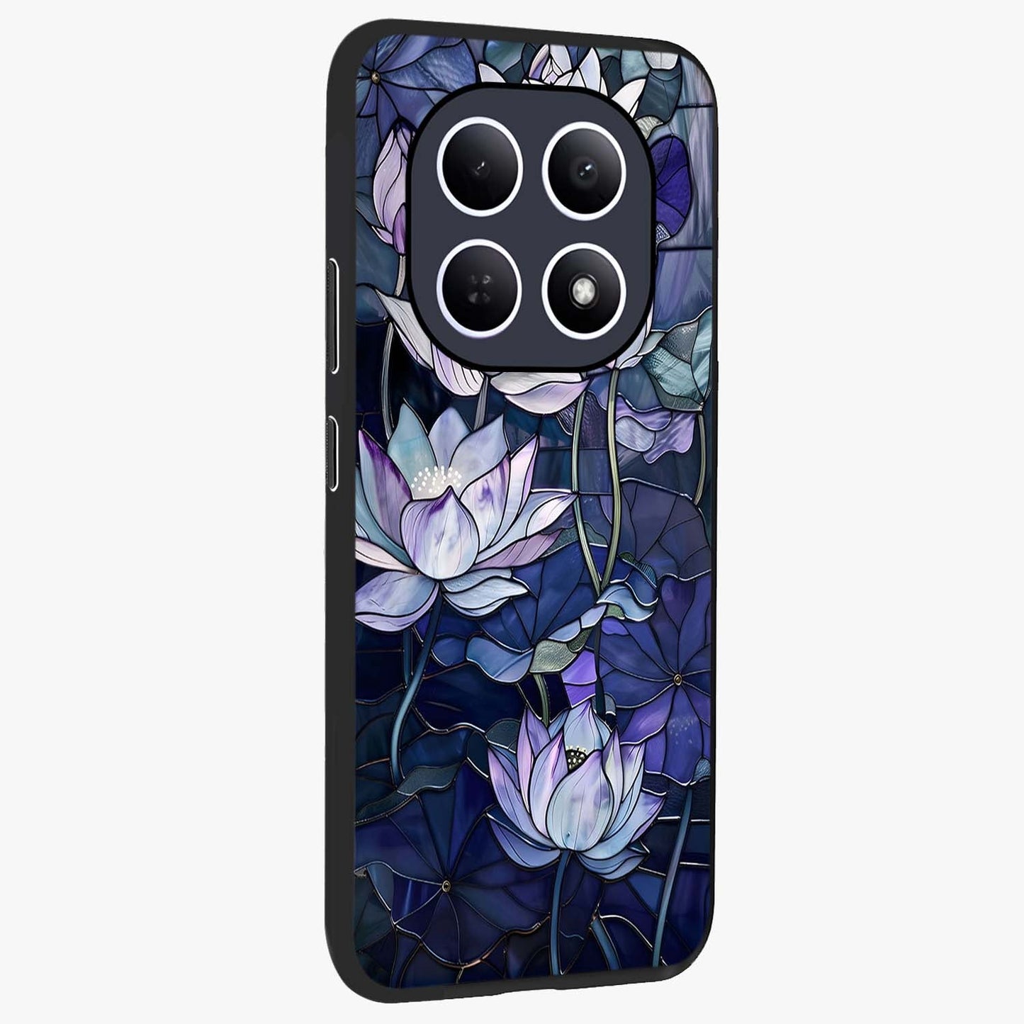 Gloss Petal Rush Glass Case upright view showcasing dynamic floral petal artwork with modern botanical theme.
