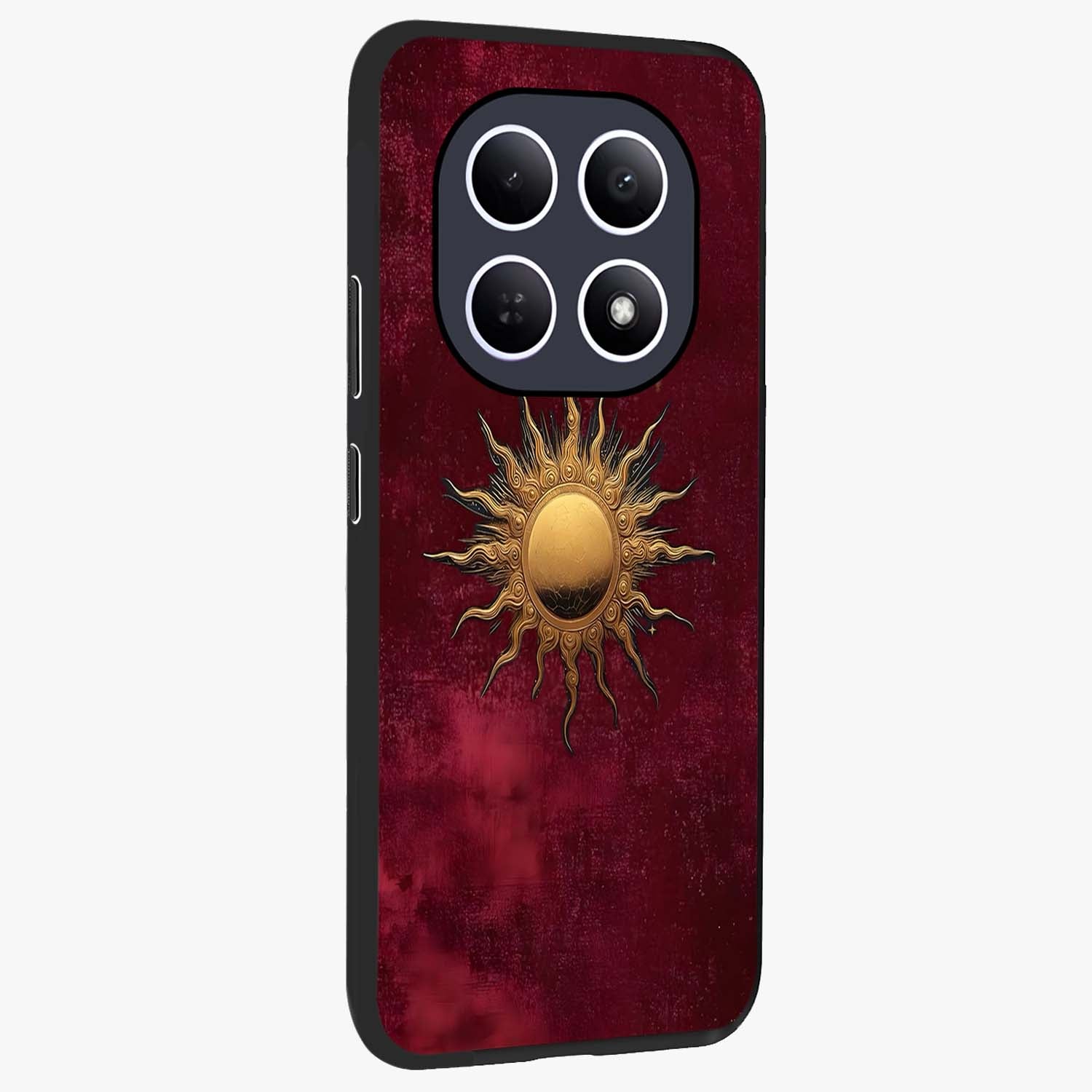 Golden Sun Minimalism Glass Case upright view showcasing simple golden sun artwork with elegant minimalist style.