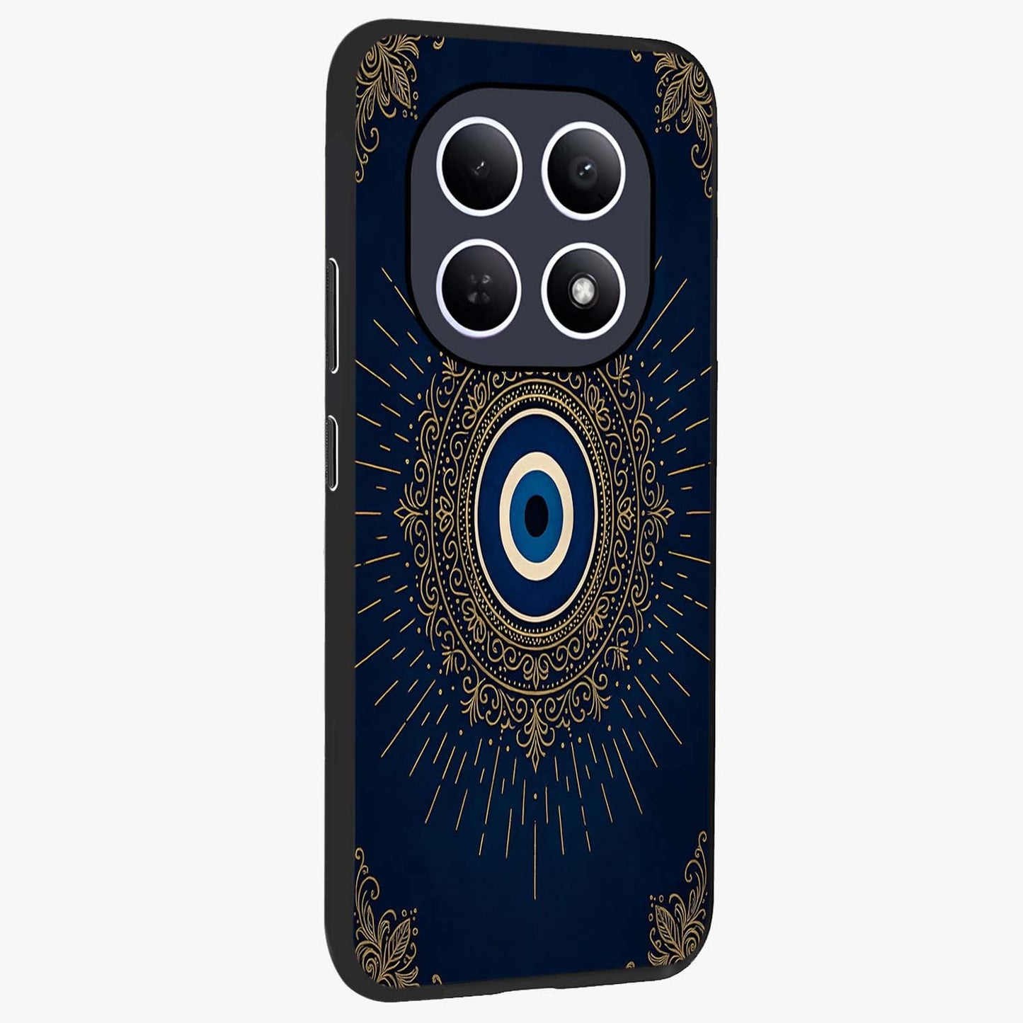Golden Celestial Charm Glass Case upright view showcasing radiant celestial artwork with elegant golden theme.