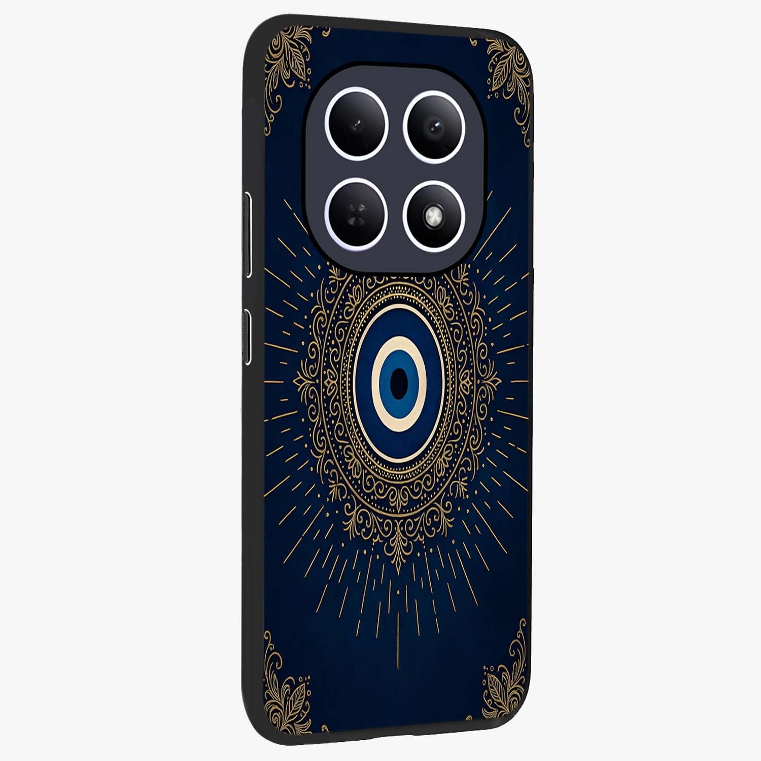 Golden Celestial Charm Glass Case upright view showcasing radiant celestial artwork with elegant golden theme.