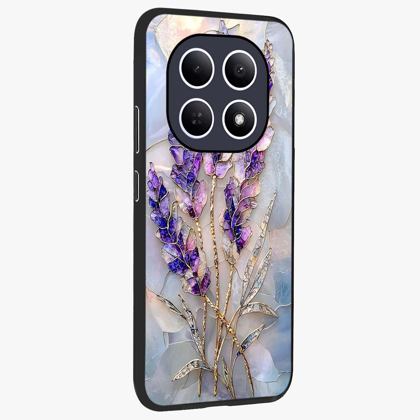 Lavender Dream Glow Glass Case upright view showcasing radiant lavender glow artwork with calming dreamy theme.
