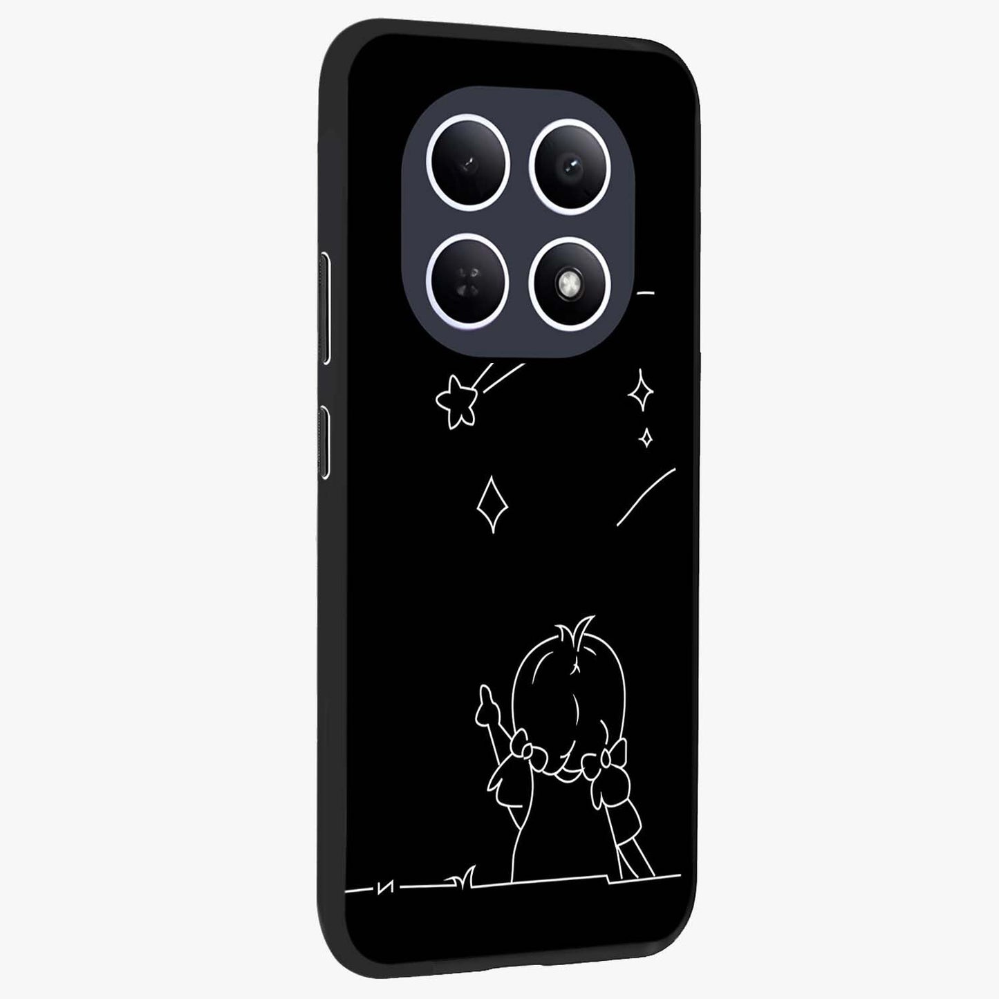 Line Art Girl With Shooting Stars Glass Case upright view showcasing delicate shooting stars artwork with minimal artistic theme.