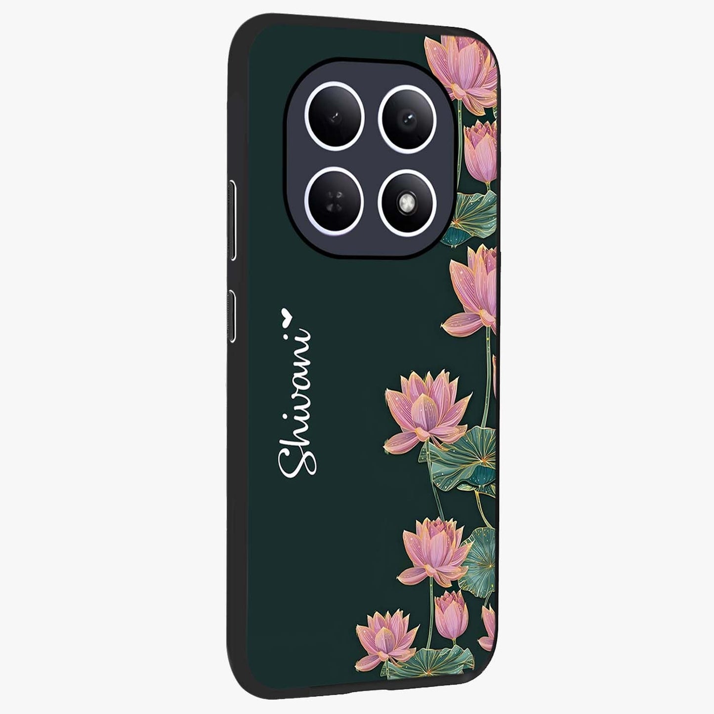 Lotus Bloom Serenity Custom Name Glass Case upright view showcasing serene lotus bloom artwork with personalized floral aesthetic.