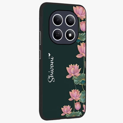Lotus Bloom Serenity Custom Name Glass Case upright view showcasing serene lotus bloom artwork with personalized floral aesthetic.