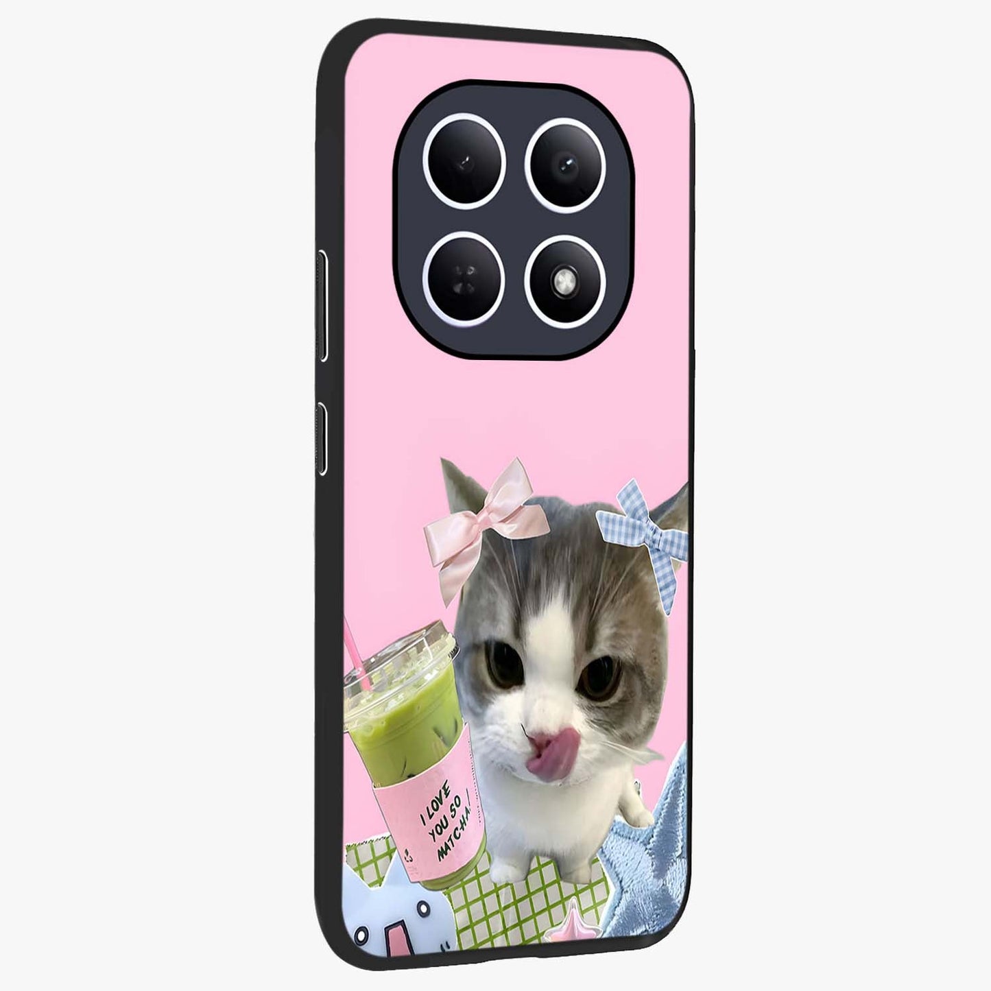 Love Matcha Cat Glass Case upright view showcasing adorable cat artwork with charming matcha themed design.