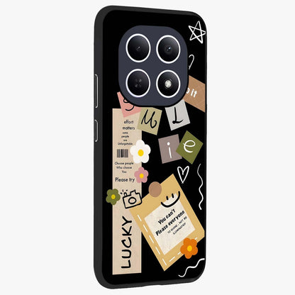 Lucky Aesthetic Collage Glass Case upright view showcasing vibrant collage artwork with youthful aesthetic theme.