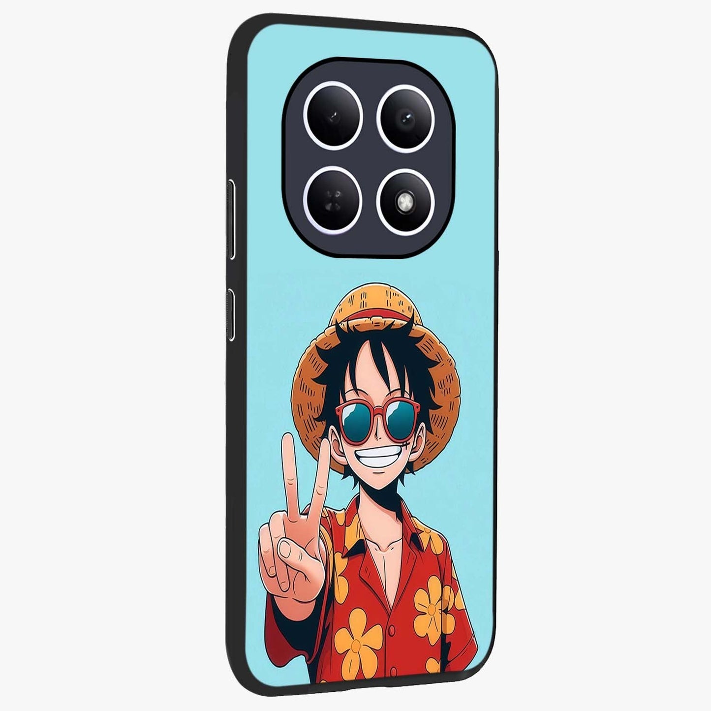 Luffy Summer Anime Vibe Glass Case upright view showcasing dynamic anime artwork with bright adventurous theme.