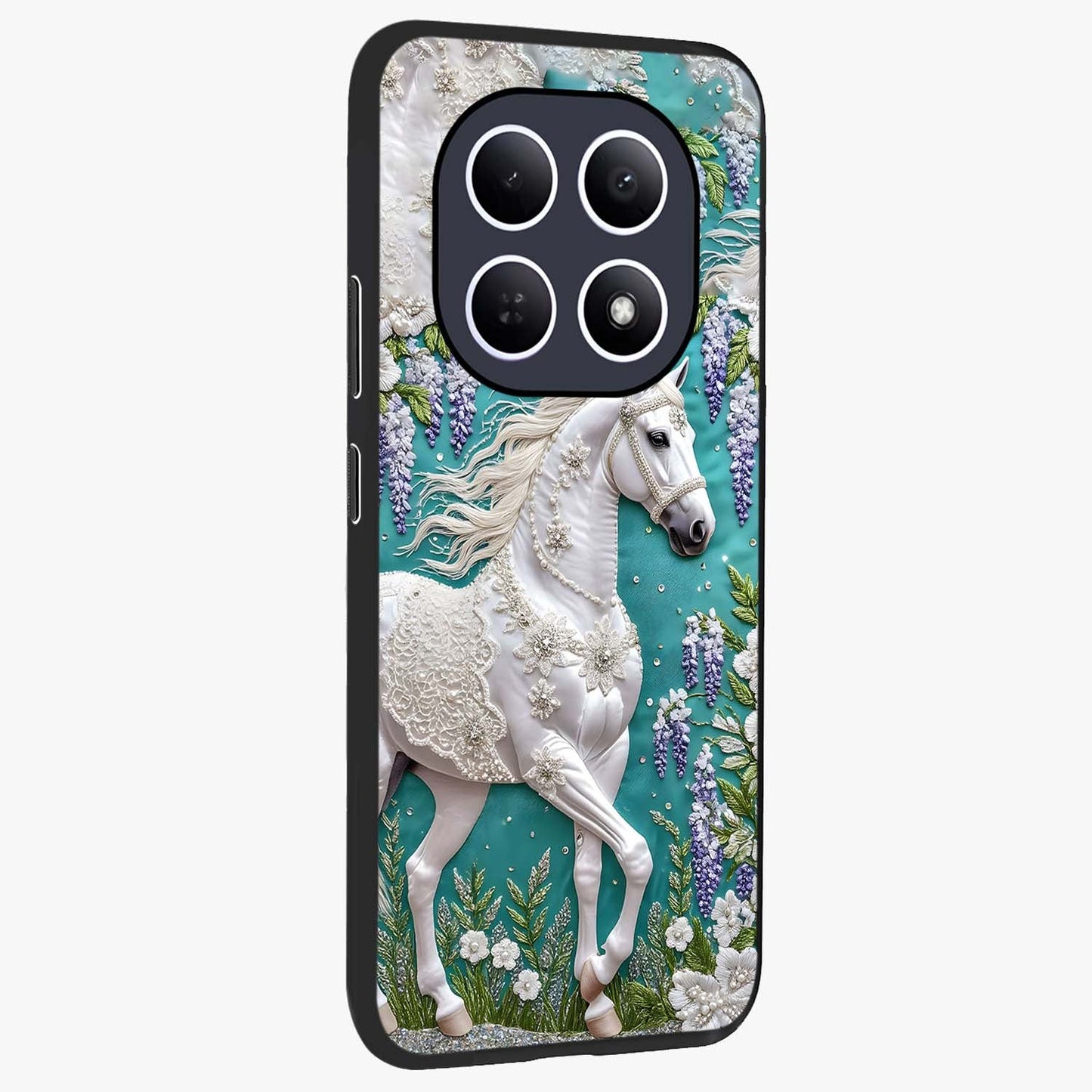 Majestic Floral Stallion Glass Case upright view showcasing dramatic horse artwork with decorative floral theme.