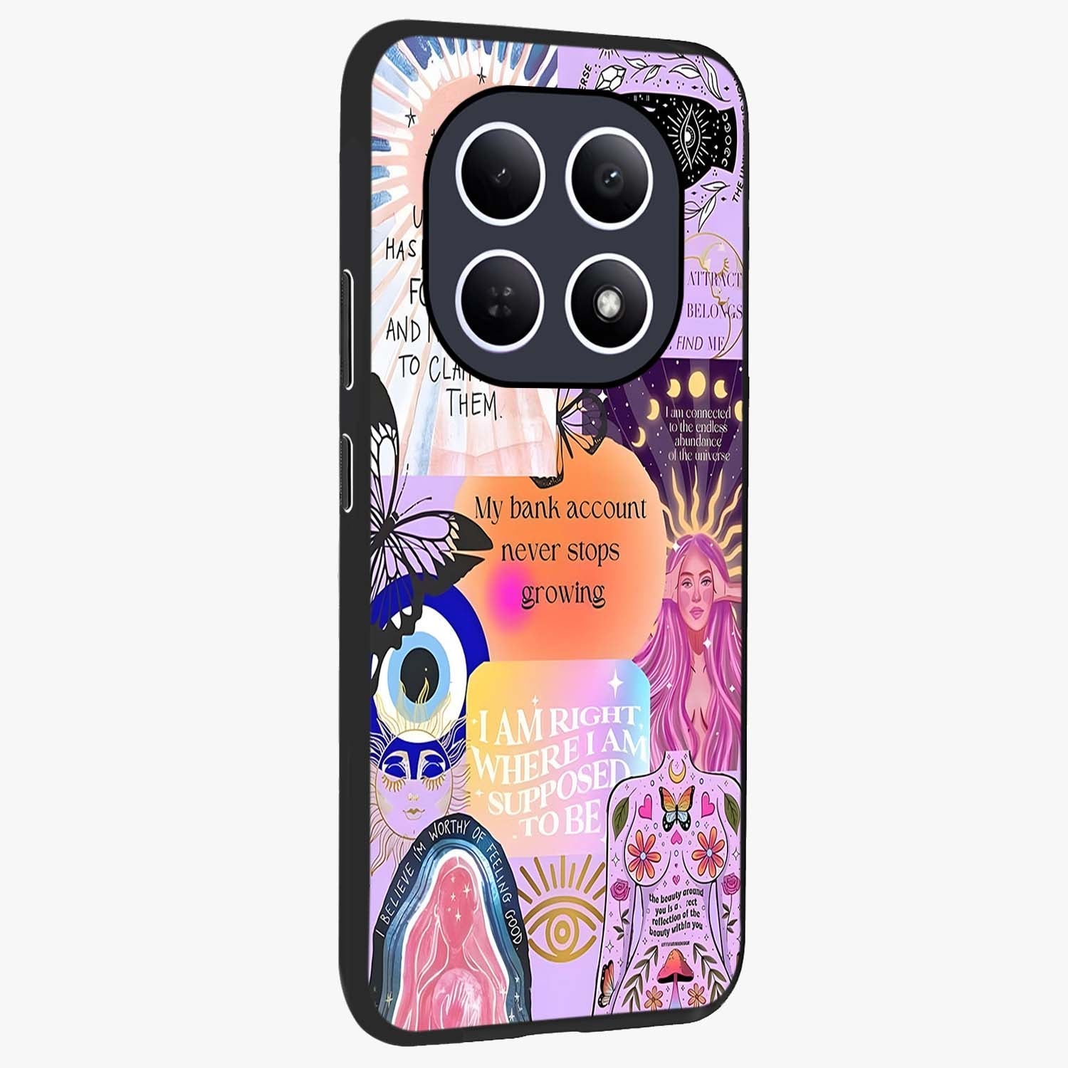 Manifestation Collage Glass Case upright view showcasing artistic manifestation themed artwork with creative style.
