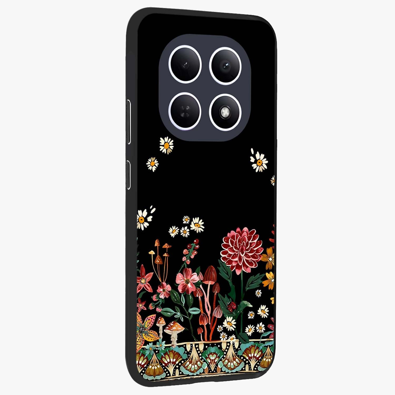 Midnight Bloom Pattern Glass Case upright view showcasing decorative floral artwork with deep night themed palette.