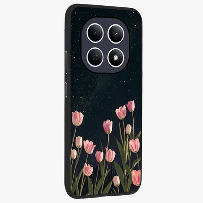 Midnight Tulip Whispers Vibe Glass Case upright view showcasing graceful tulip artwork with calm botanical theme.