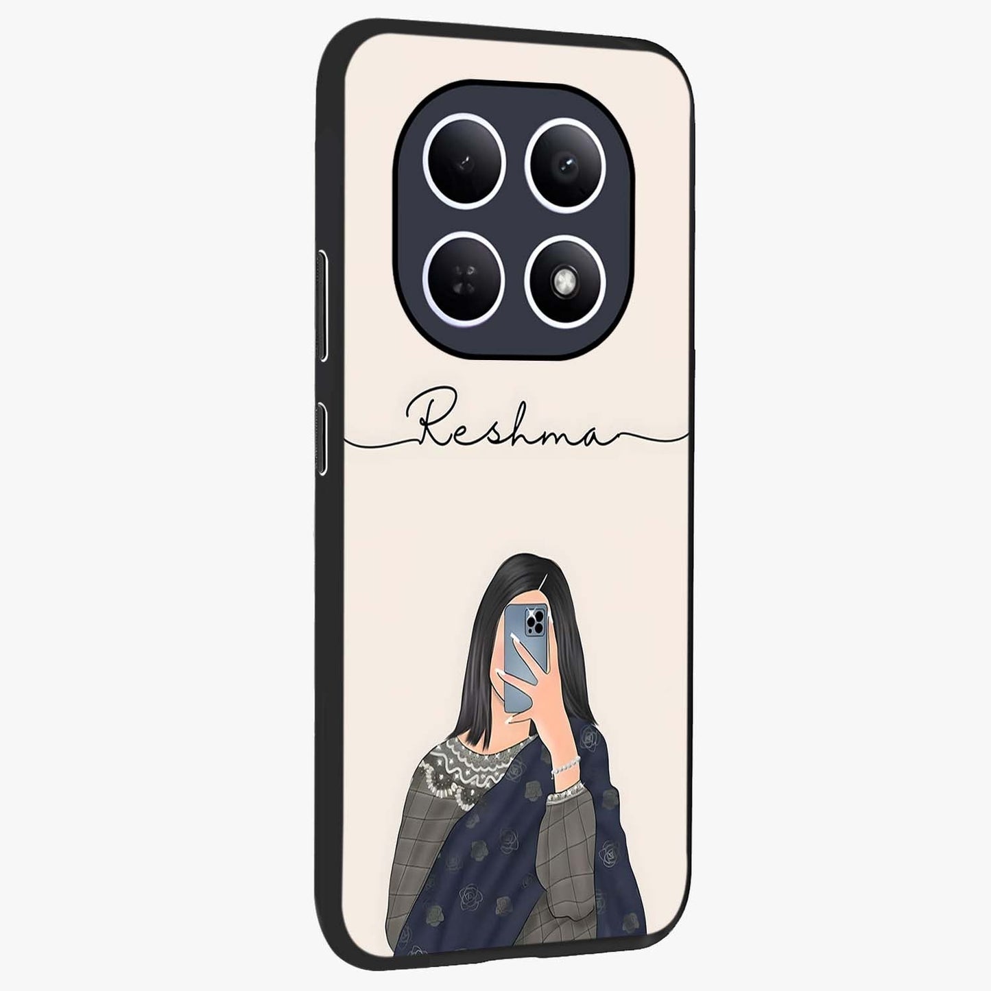 Mirror Mood Muse With Custom Name Glass Case upright view showcasing artistic mirror themed artwork with personalized aesthetic.