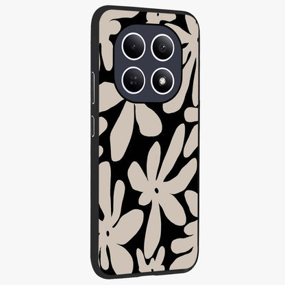 Monochrome Petal Dance Glass Case upright view showcasing artistic floral pattern with stylish monochrome theme.