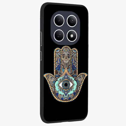 Mystic Hamsa Eye Glass Case upright view showcasing detailed hamsa eye artwork with protective spiritual theme.