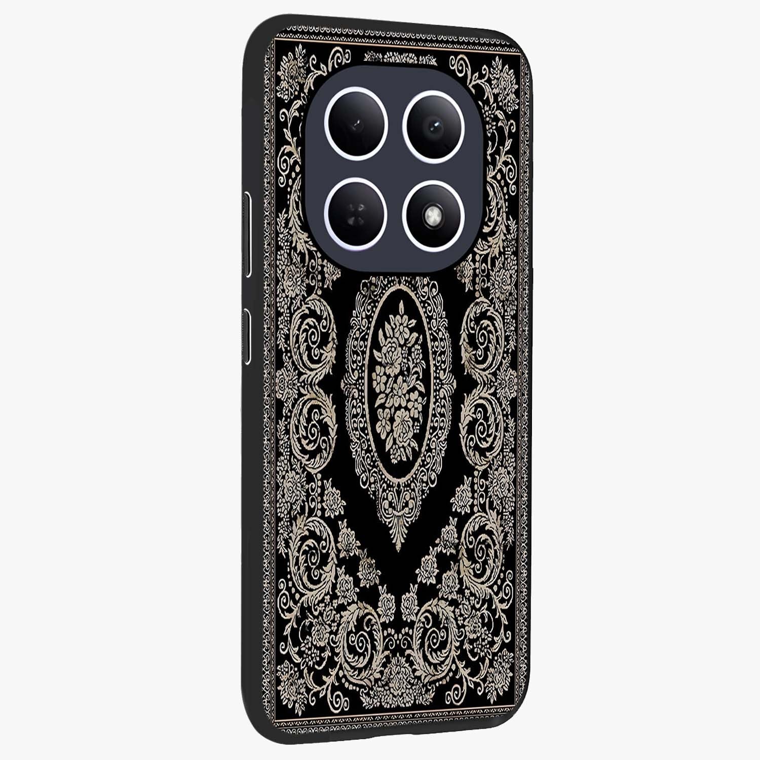 Noir Bloom Elegance Glass Case upright view showcasing graceful floral artwork with luxurious dark theme.