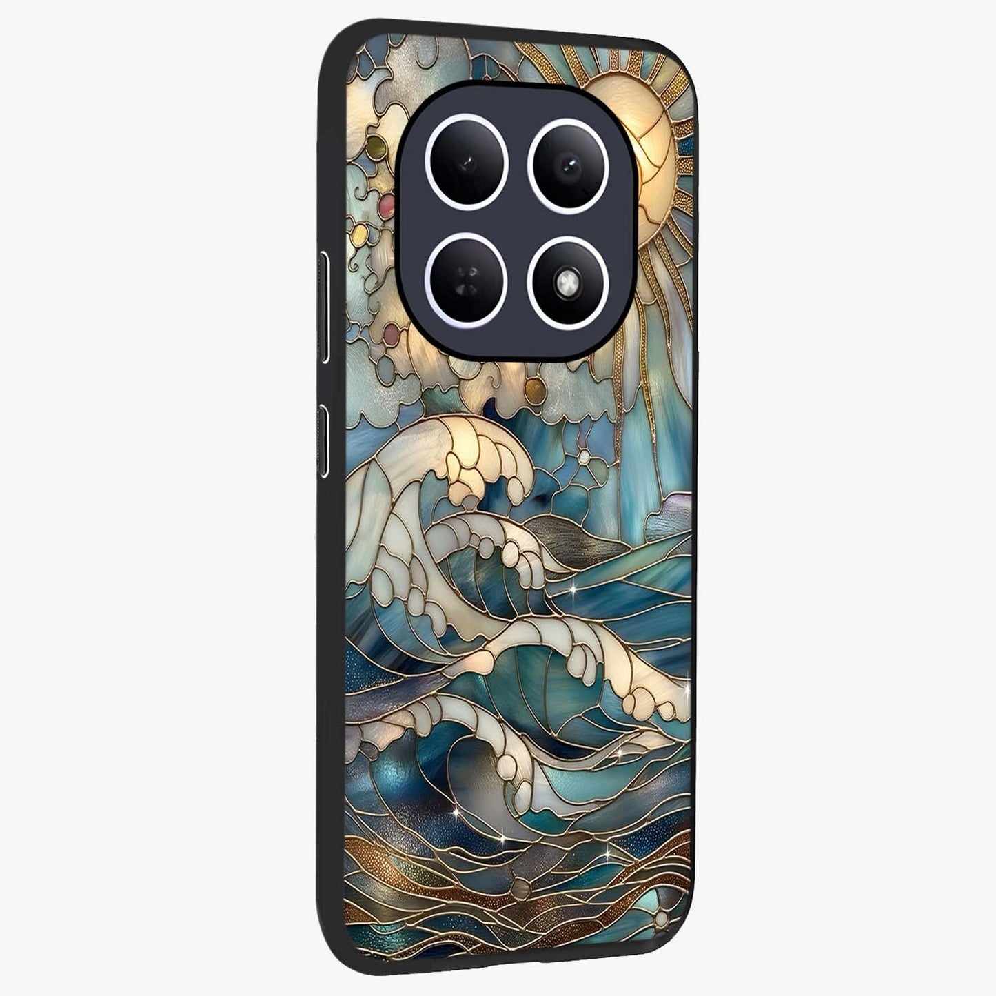 Oceanic Stained Printed Glass Case upright view showcasing decorative ocean pattern artwork with vibrant marine theme.