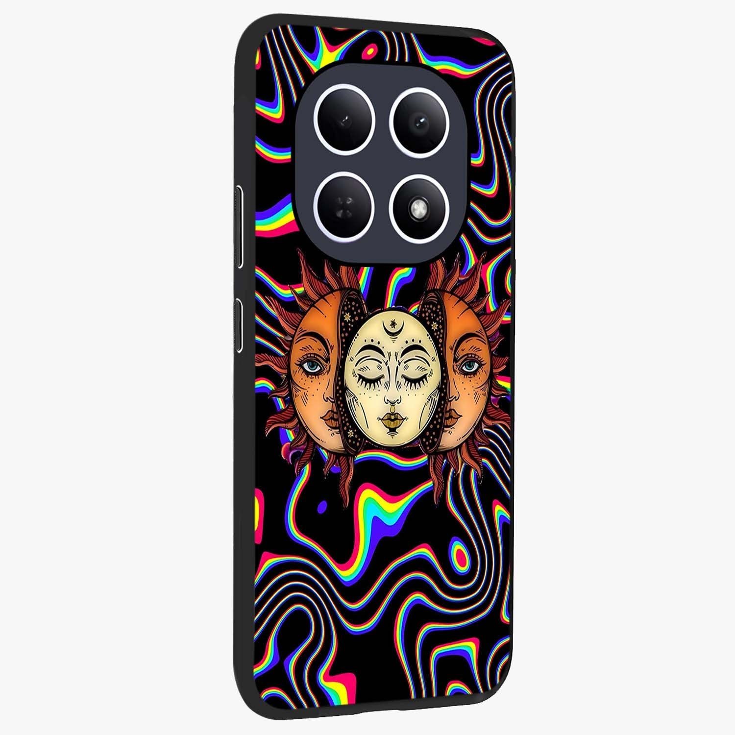 Psychedelic Sun Glass Case upright view showcasing trippy sun artwork with bold psychedelic theme.