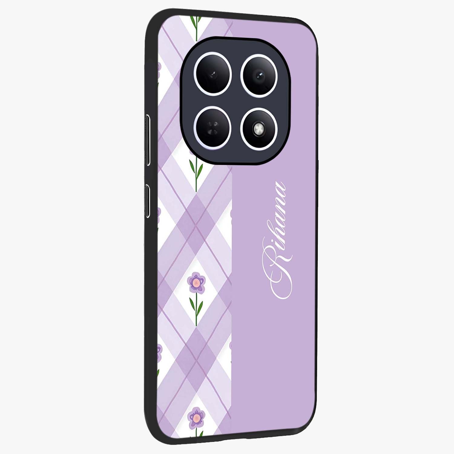 Purple Diamond Floral Glass Case upright view showcasing vibrant floral artwork with stylish geometric theme.