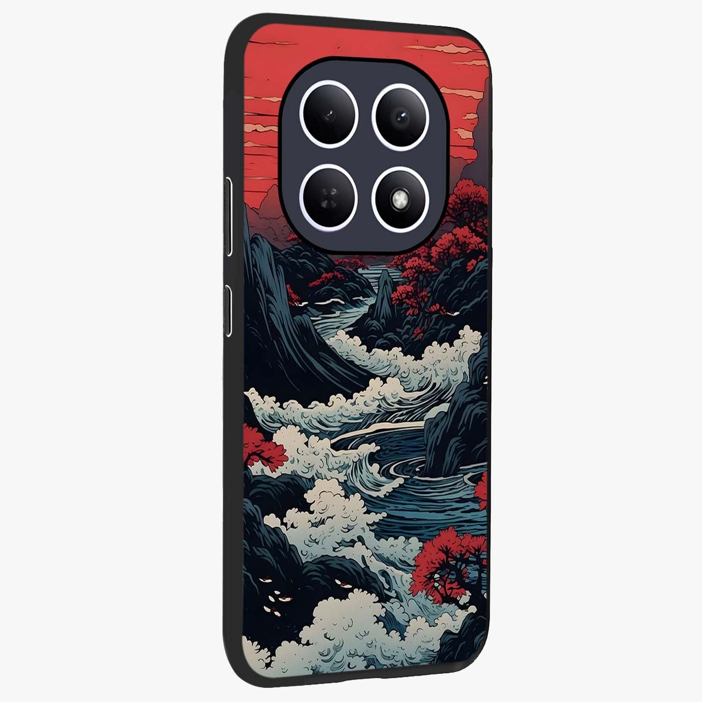Red Sunset Scenery Glass Case upright view showcasing dramatic sunset scenery artwork with warm nature theme.