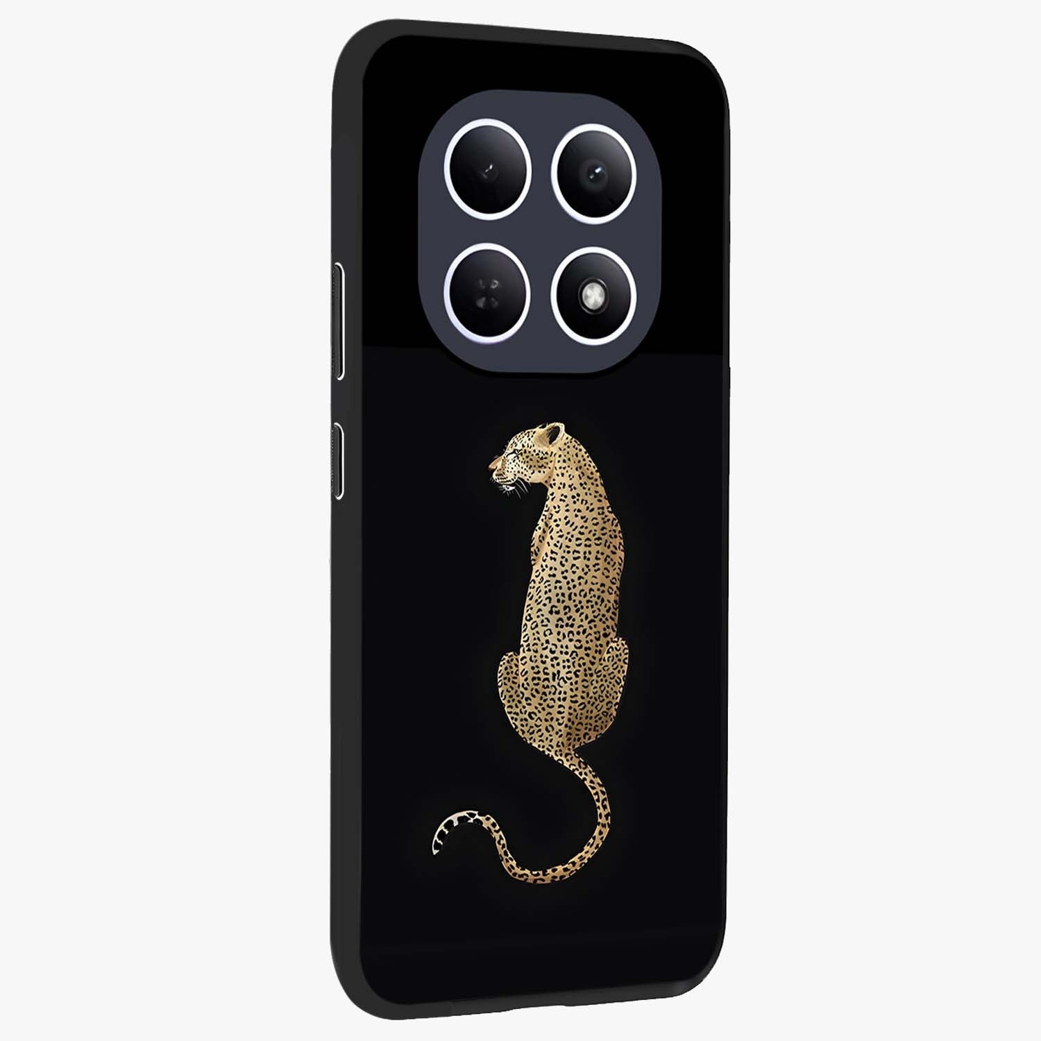 Regal Leopard Glass Case upright view showcasing striking leopard artwork with fierce wildlife theme.