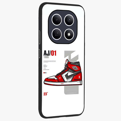 Retro Sneaker Blueprint Glass Case upright view showcasing stylish sneaker illustration with vintage streetwear theme.