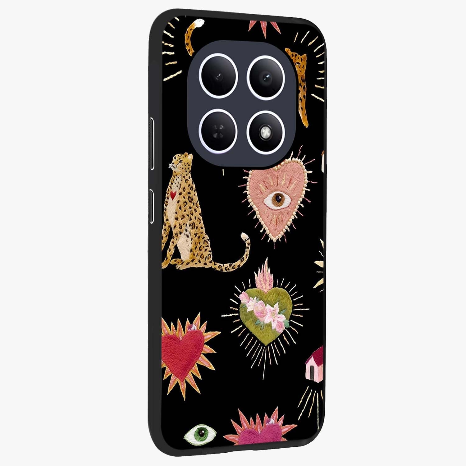 Sacred Jungle Heart Glass Case upright view showcasing vibrant jungle artwork with symbolic heart theme.