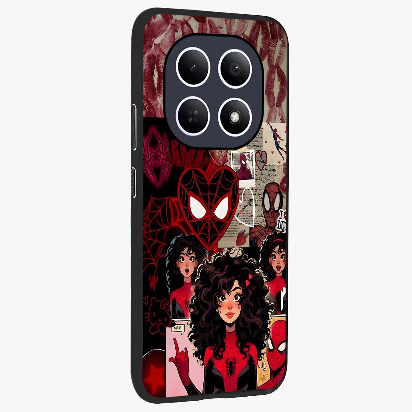 Spider Love Story Glass Case upright view showcasing charming superhero artwork with romantic comic theme.