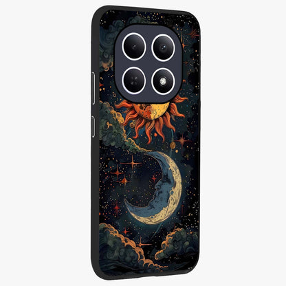 Sun And Moon Magic Design Glass Case upright view showcasing decorative sun and moon artwork with spiritual celestial theme.