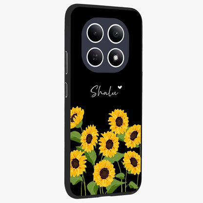 Sunflower Chic Mood Custom Name Glass Case upright view showcasing cheerful sunflower artwork with trendy floral theme.