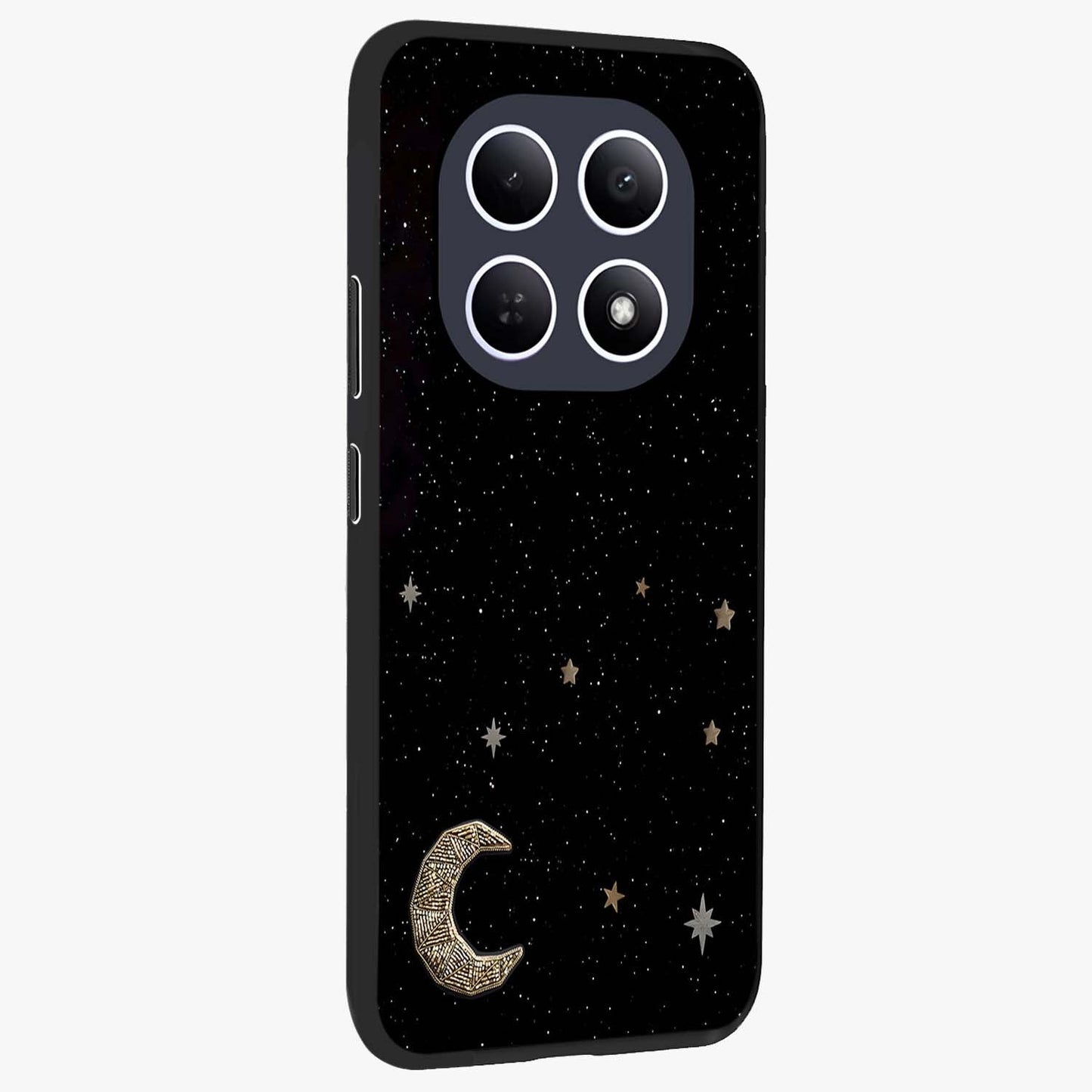 Twinkle Star With Half Moon Glass Case upright view showcasing glowing cosmic artwork with dreamy night theme.