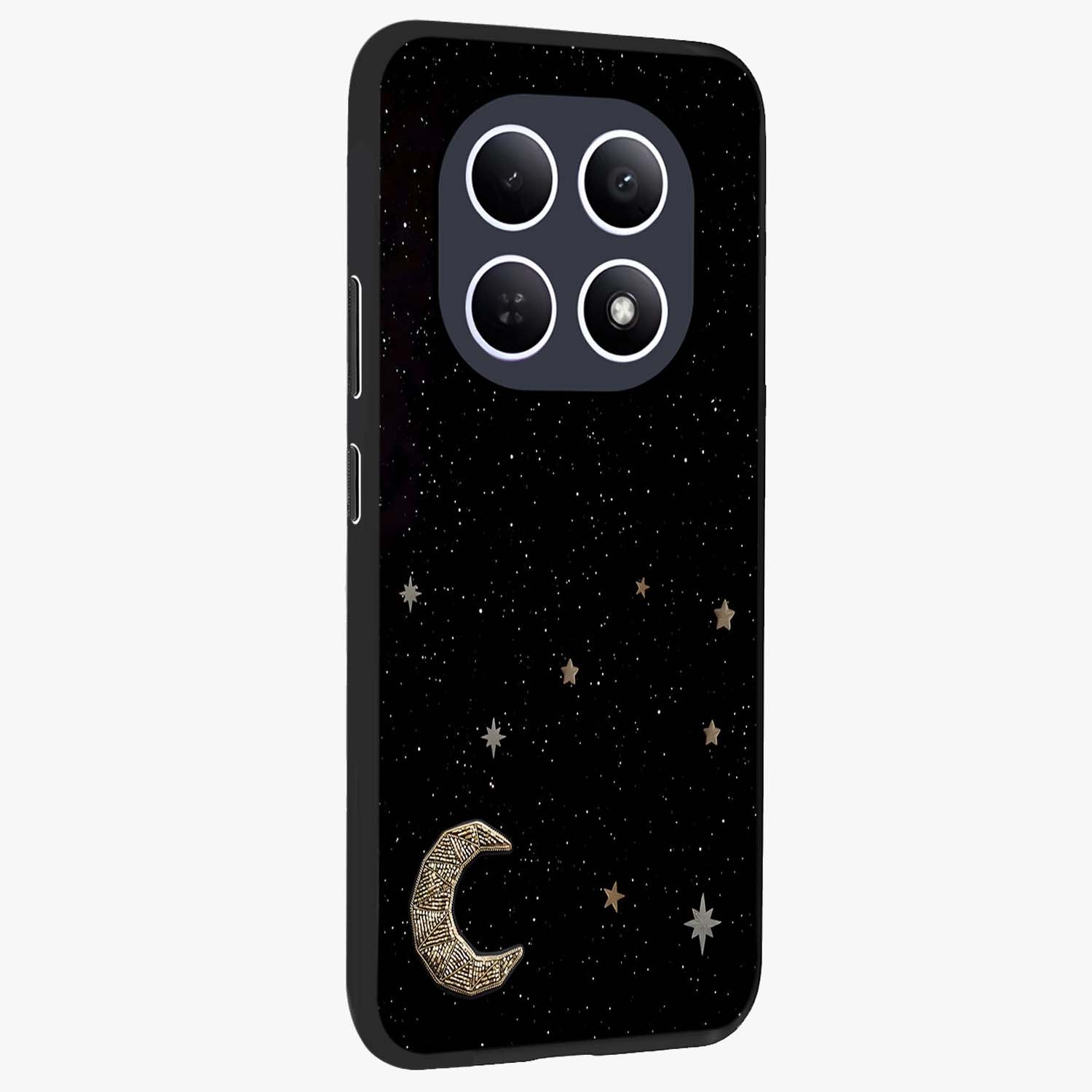 Twinkle Star With Half Moon Glass Case upright view showcasing glowing cosmic artwork with dreamy night theme.