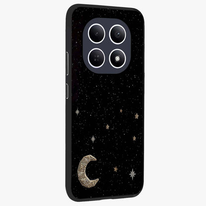 Twinkle Star With Half Moon Glass Case upright view showcasing glowing cosmic artwork with dreamy night theme.