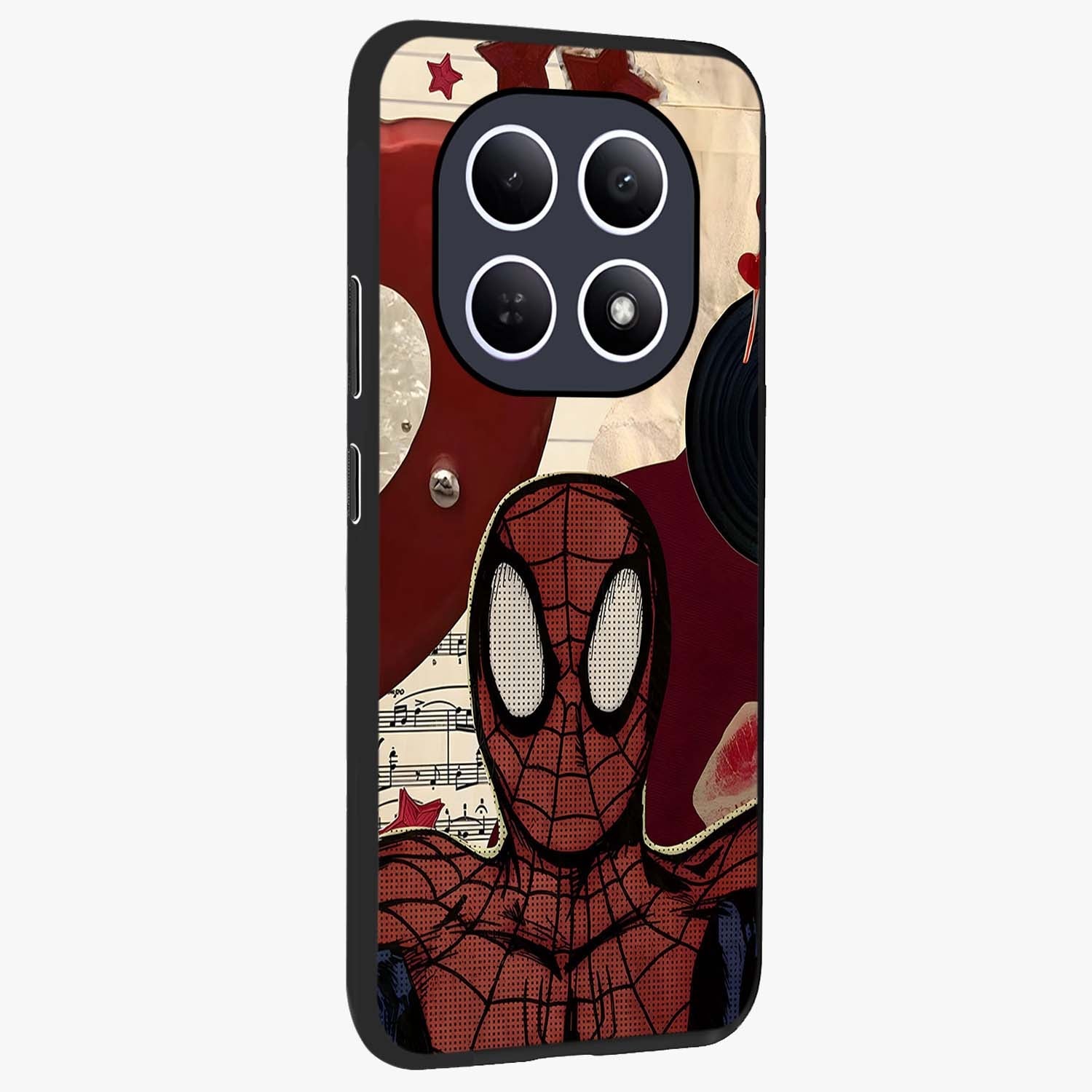 Web Warrior Vibes Glass Case upright view showcasing energetic superhero artwork with bold action theme.