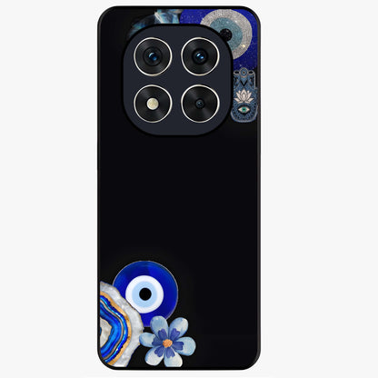 Aesthetic Blue Evil Eye Glass Case showing flat back view with protective evil eye artwork and glossy glass finish.