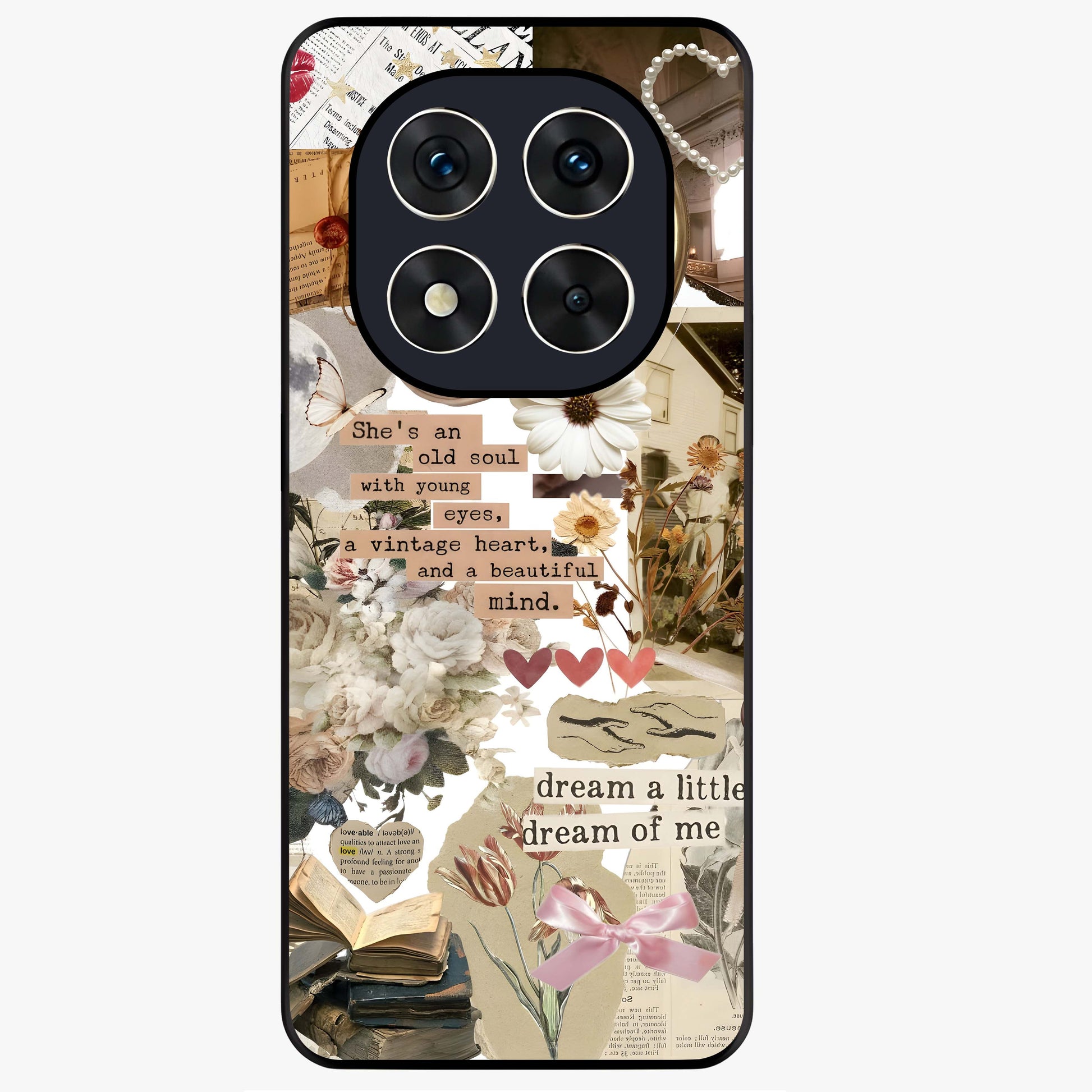 Aesthetic Brown Vintage Collage Glass Case showing flat back view with retro collage artwork and glossy glass finish.