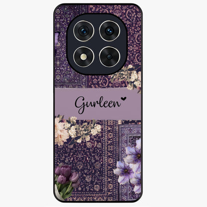 Antique Floral Whisper Custom Name Glass Case showing flat back view with vintage floral artwork and personalized name design.