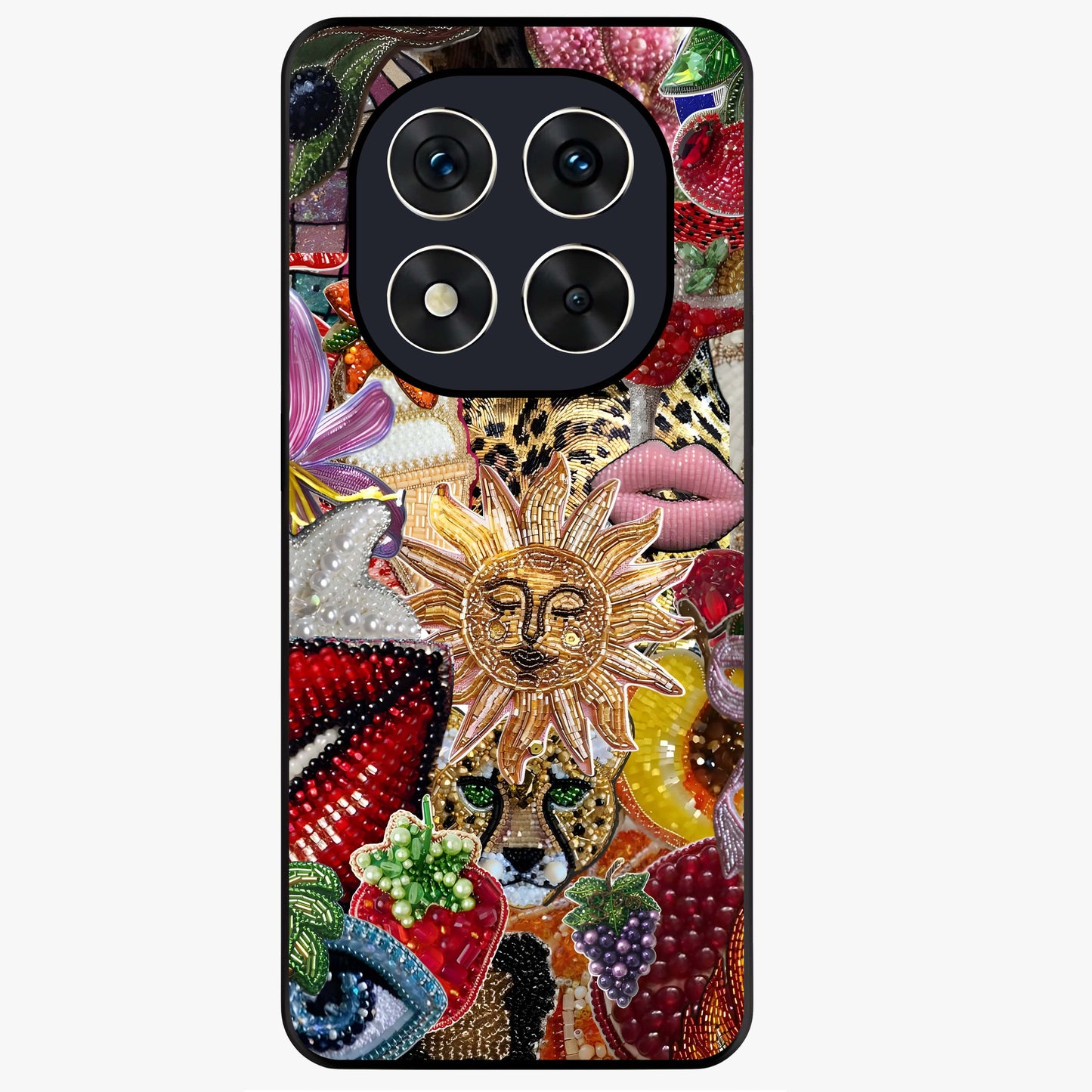 Beaded Fashion Jungle Glass Case showing flat back view with vibrant jungle inspired bead artwork and glossy glass finish.