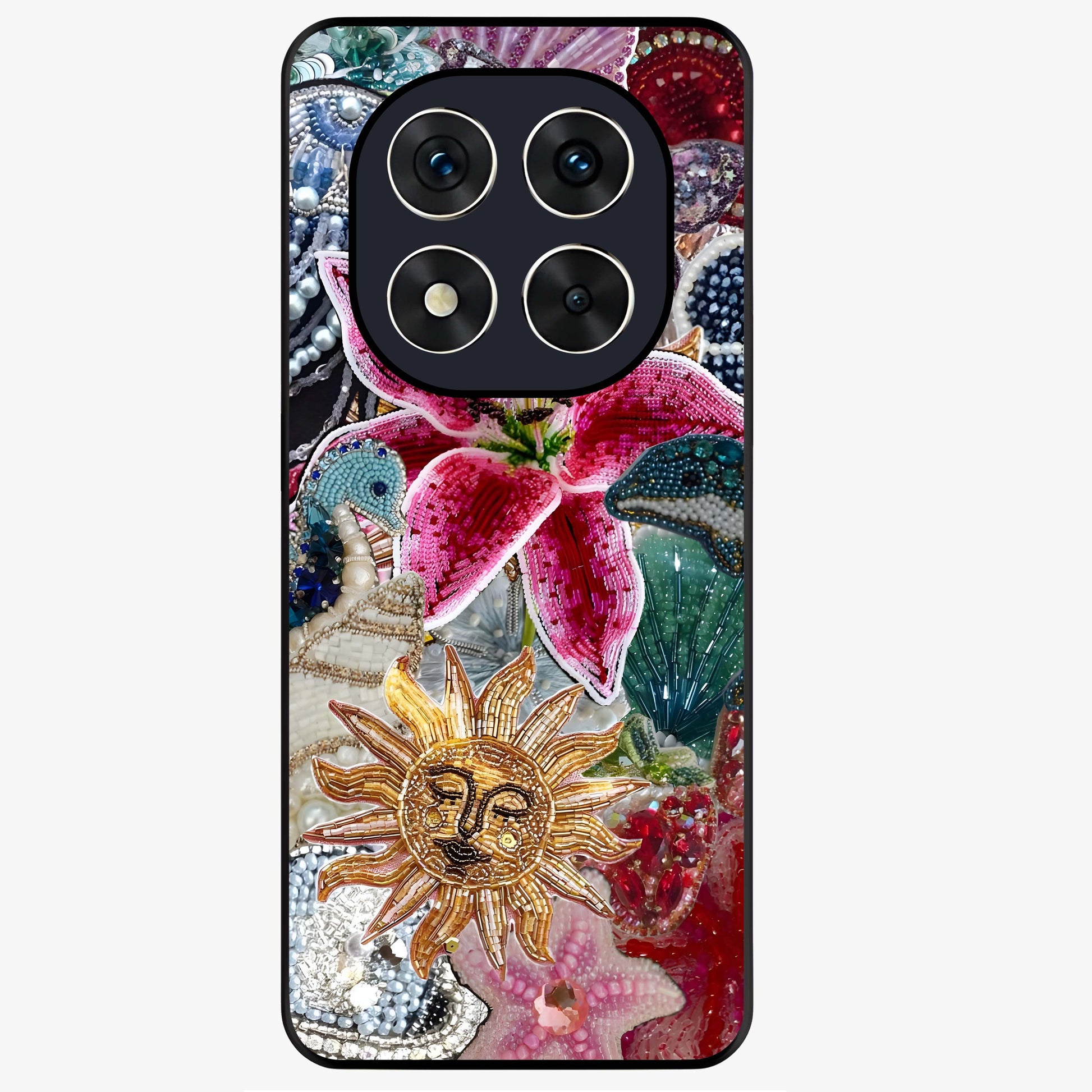Beaded Garden Fantasy Glass Case showing flat back view with dreamy garden bead artwork and glossy glass finish.