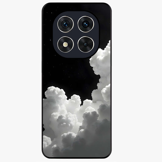 Black Background With White Cloud Glass Case showing flat back view with minimal cloud artwork on dark background and glossy glass finish.