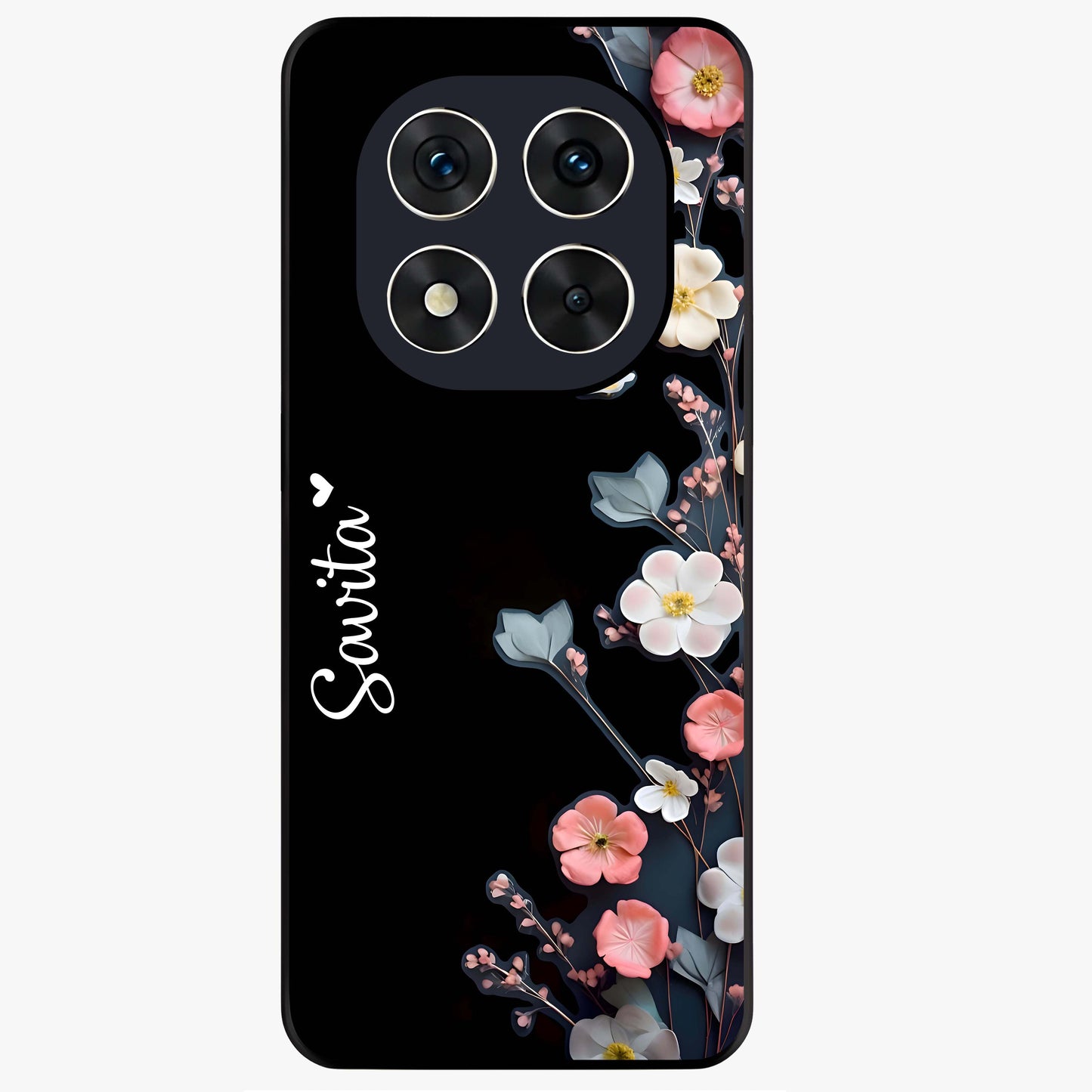 Black Elegance Floral Custom Name Glass Case showing flat back view with elegant floral artwork and personalized name design.