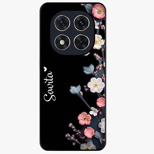 Black Elegance Floral Custom Name Glass Case showing flat back view with elegant floral artwork and personalized name design.