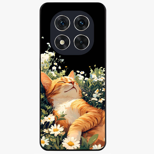 Blissful Bloom Cat Glass Case showing flat back view with cute cat and floral bloom artwork and glossy glass finish.