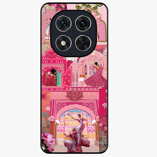 Blossoms of Rajasthan Glass Case showing flat back view with traditional floral artwork inspired by Rajasthan and glossy glass finish.