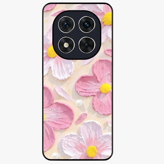 Blush Bloom Texture Glass Case showing flat back view with soft blush floral texture artwork and glossy glass finish.