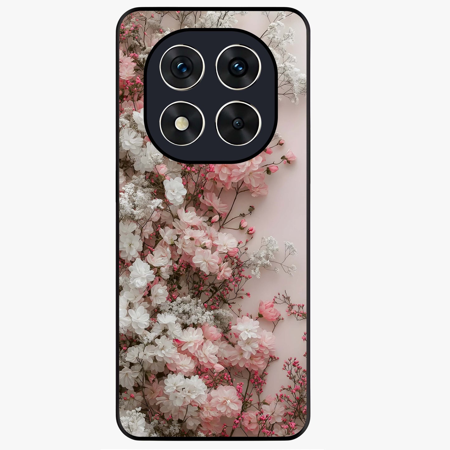 Blush Blossom Cloud Glass Case showing flat back view with dreamy blush cloud blossom artwork and glossy glass finish.
