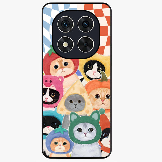 Cats in Fruits Glass Case showing flat back view with playful cat illustrations inside fruit artwork and glossy glass finish.