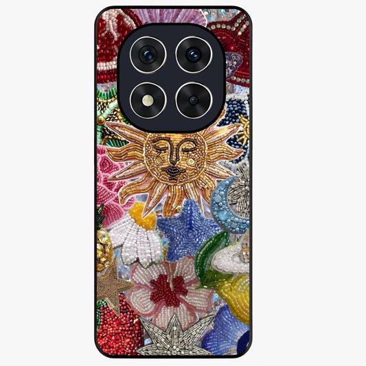 Celestial Floral and Playful Glass Case showing flat back view with floral and celestial themed artwork and glossy glass finish.