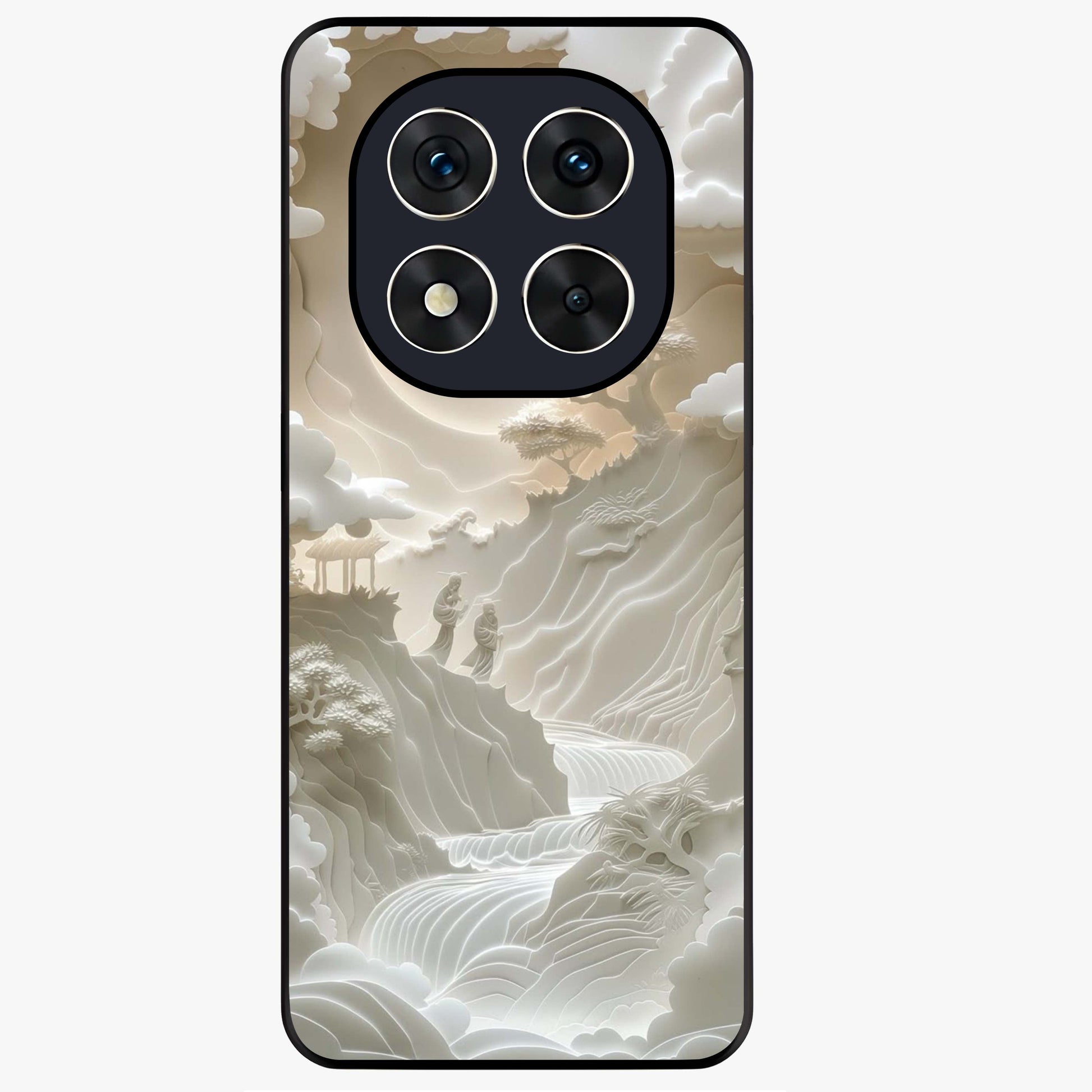 Celestial Origami Glass Case showing flat back view with artistic origami inspired celestial artwork and glossy glass finish.