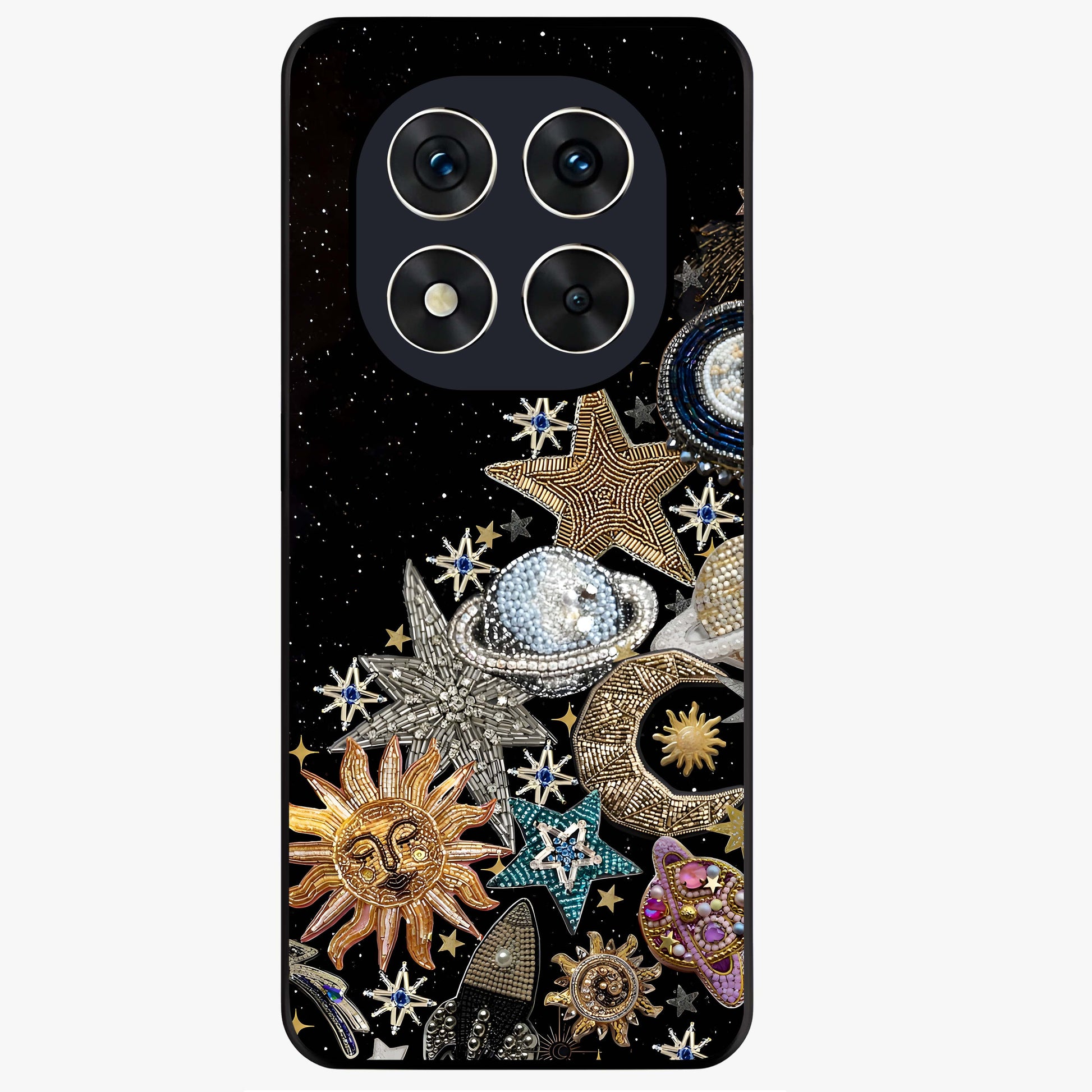 Cosmic Sparkle Dreams Glass Case showing flat back view with sparkling cosmic artwork and glossy glass finish.